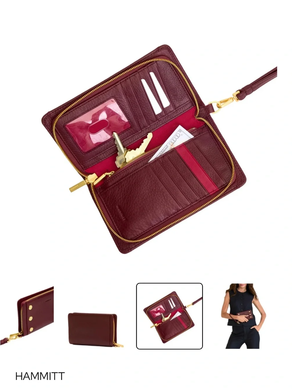 Hammitt Burgundy Leather Zip Wallet with Gold Studs